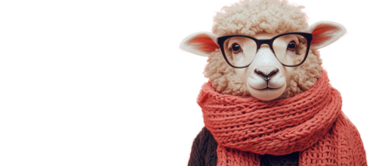 Cute sheep wearing glasses and scarf Isolated on white transparent background