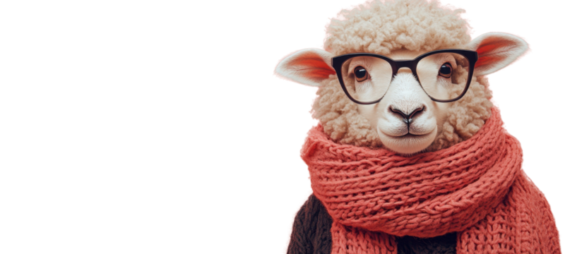 Cute sheep wearing glasses and scarf Isolated on white transparent background