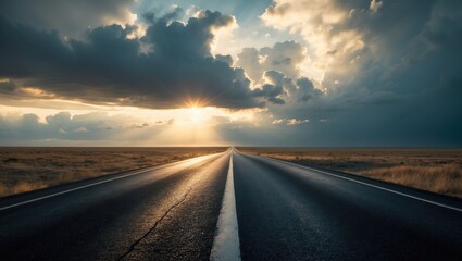 Lonely roadway under a cloudy sky and sunlight