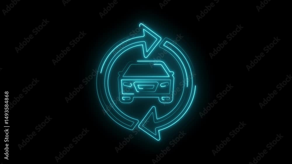 Poster neon car icon rotation animation on black background loopable