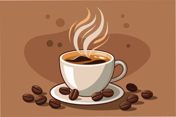 Enjoying a warm cup of coffee with aromatic steam rising from the mug surrounded by coffee beans on a soft brown background