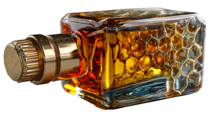 A transparent glass bottle filled with honeycomb and golden honey, perfect for natural branding, shown on white --ar 16:9 --v 7.0 --s 750