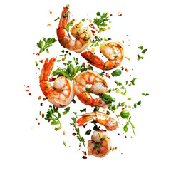 Freshly Cooked Shrimp Garnished with Herbs and Spices on a White Background on transparent background