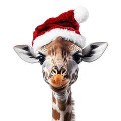 Happy Giraffe wearing christmas hat Isolated on white transparent background