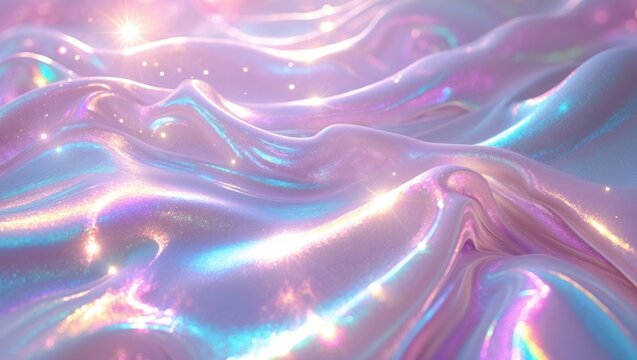 Soft pastel abstract background featuring holographic foil texture with iridescent rainbow sunlight spots and gradient.