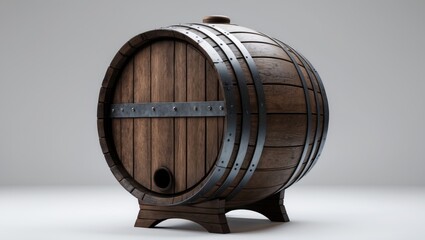 Isolated background with dark brown oak barrel and iron accents