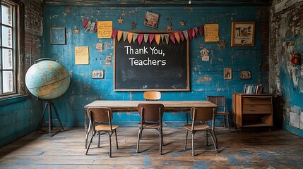 An empty room with a blackboard contrasts with the empty wooden tables and chairs of an old town cafe interior