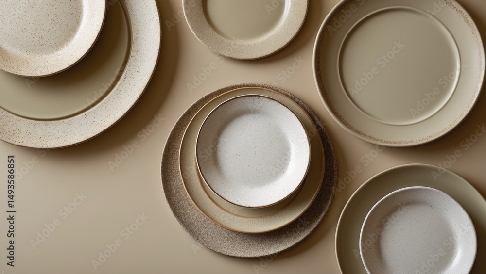 Poster five distinct-sized plates set against a beige background. top view, flat lay style. plates exhibit 