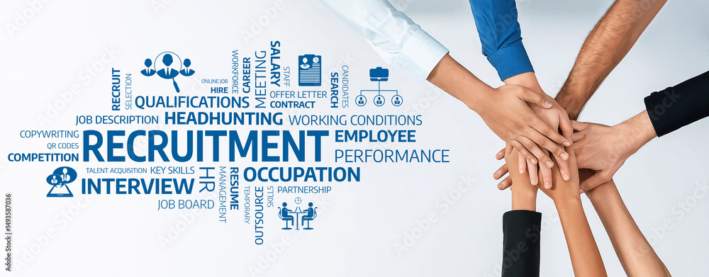 Poster collaborative efforts in recruitment and hiring with diverse hands symbolizing teamwork and communit