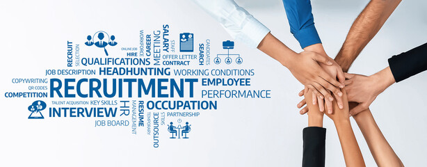 Collaborative Efforts in Recruitment and Hiring with Diverse Hands Symbolizing Teamwork and...