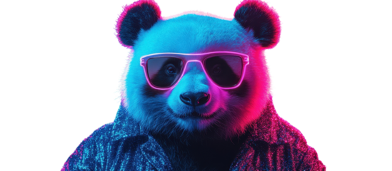 Panda in Disco Neon Lights with Sunglasses Isolated on white transparent background