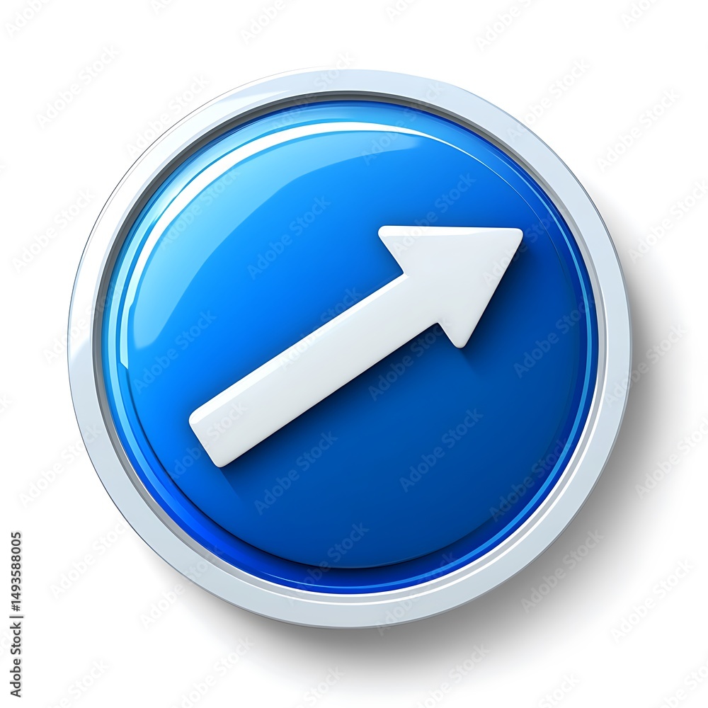 Poster blue button with white arrow: graphical element for navigation, guidance, or user interface, a clean