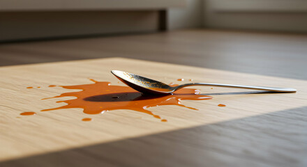 Spilled orange sauce with spoon