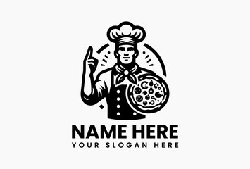 Bold black vector logo of professional chef in tall hat and apron presenting topped pizza. Classic pizzeria emblem  