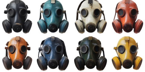 Set of Gas Masks in Various Colors on white transparent