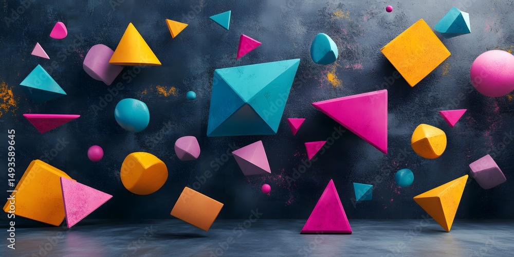 Poster colorful geometric shapes float in space.