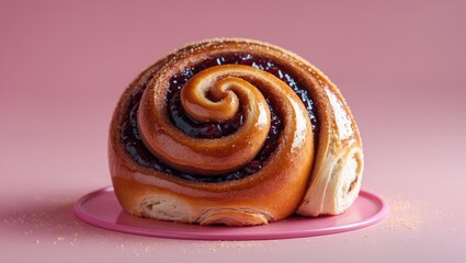 Fototapeta premium Homemade tasty cinnamon roll featuring caramelized sugar and jam filling on a backdrop. Prepared to enjoy delicious sweet swirl pastry. Bakery, nutrition, guilty pleasure food idea.