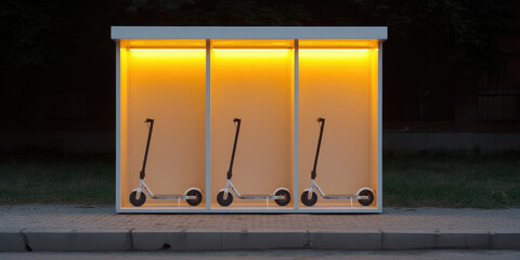 Scooters are parked in a well-lit enclosure, creating a neat and organized display. Urban transportation, modern design, night scene