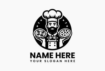 black vector logo illustration of a chef wearing a tall hat and apron holding a pizza with various toppings. Pizzeria concept