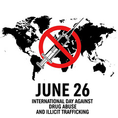 International day against drug abuse and illicit trafficking with syringe and world map background