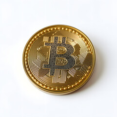 Golden bitcoin rendered in realistic detail placed on clean white background for elegant financial branding presented in modern secure interface design highlighting token identity biom