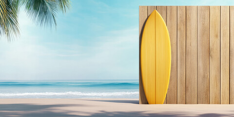 A yellow surfboard leans against a wooden wall on a sandy beach with an ocean view under a clear sky. Concept: beach leisure, relaxation, surf
