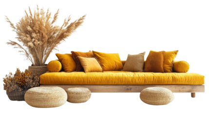 Stylish Living Room with Yellow Sofa with Dried Isolated on white transparent 