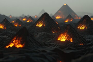 Volcanic landscape of fiery pyramids