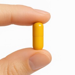 Yellow Vitamin Capsule Held Between Fingers on White Background