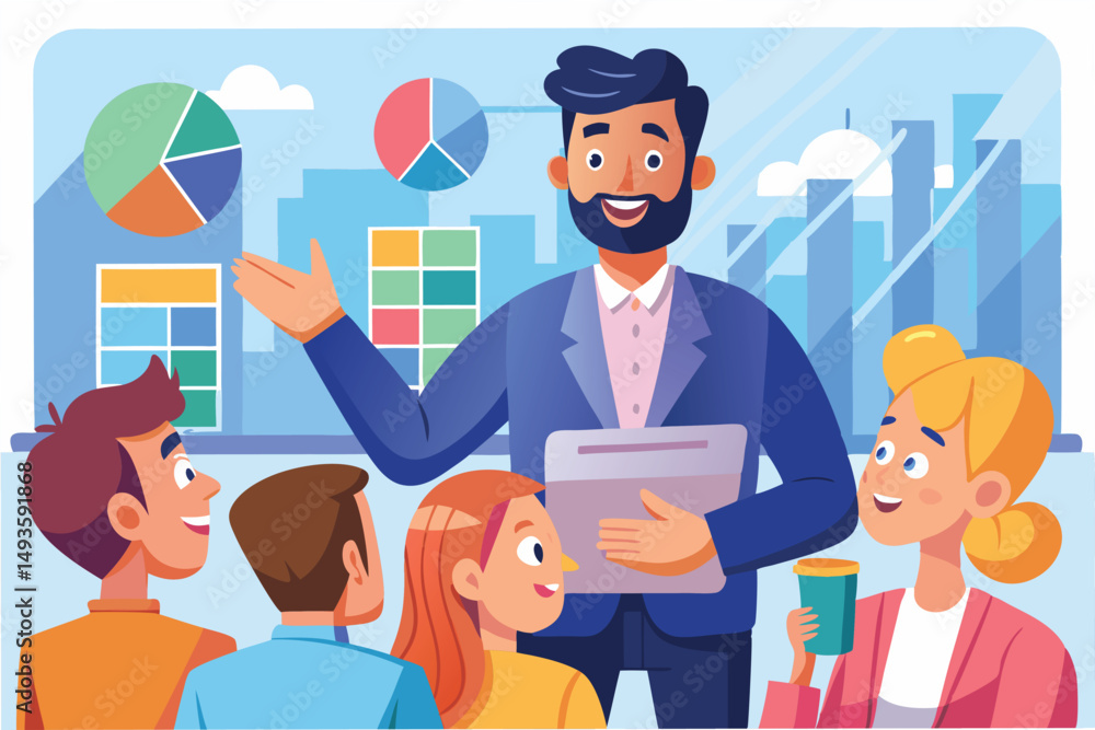 Poster business presentation held in a modern office featuring a speaker engaging with a diverse audience w