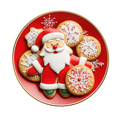 Fototapeta premium Santa claus gingerbread cookies plate christmas holiday festive treat food decoration isolated png image isolated on transparent background