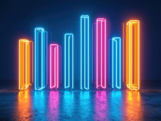 Obraz premium Glowing neon bars form a dynamic graph on a reflective surface in a dark room