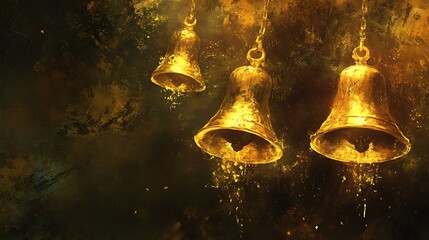 Three golden bells hanging against a dark background.