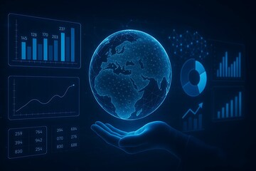 Digital hand holding holographic earth with data charts in blue background