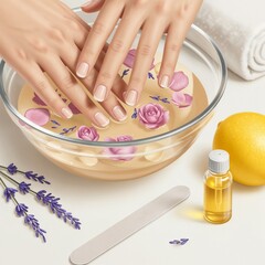 Hands soaking in floral water bath with essential oil and lemon  