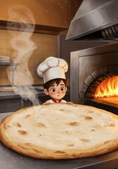Young chef amazed by fresh pizza baking in traditional kitchen  