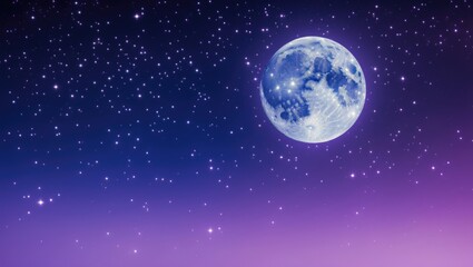 Gorgeous full moon accompanied by a starry night sky in purple and blue hues