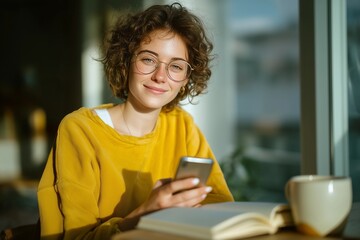 A young adult scrolls on a smartphone while seated at a table with coffee, facial expression engaged, soft daylight from a window, phone glow visible.