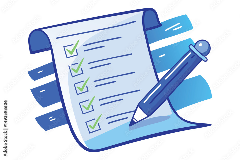 Aufkleber Vector illustration of a checklist featuring blue pen and green check marks, representing task completion