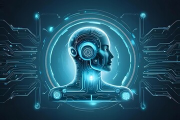 Futuristic robot head with glowing blue circuitry and circular tech interface
