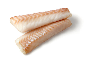 two frozen cod fillets isolated on white background