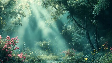 Sunbeams pierce a misty, lush forest, illuminating vibrant flowers and foliage