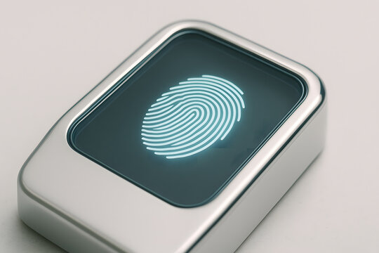 Rounded glowing biometric reader with internal fingerprint visible for identity recognition system within a futuristic user interface designed for secure crypto operations and biometric
