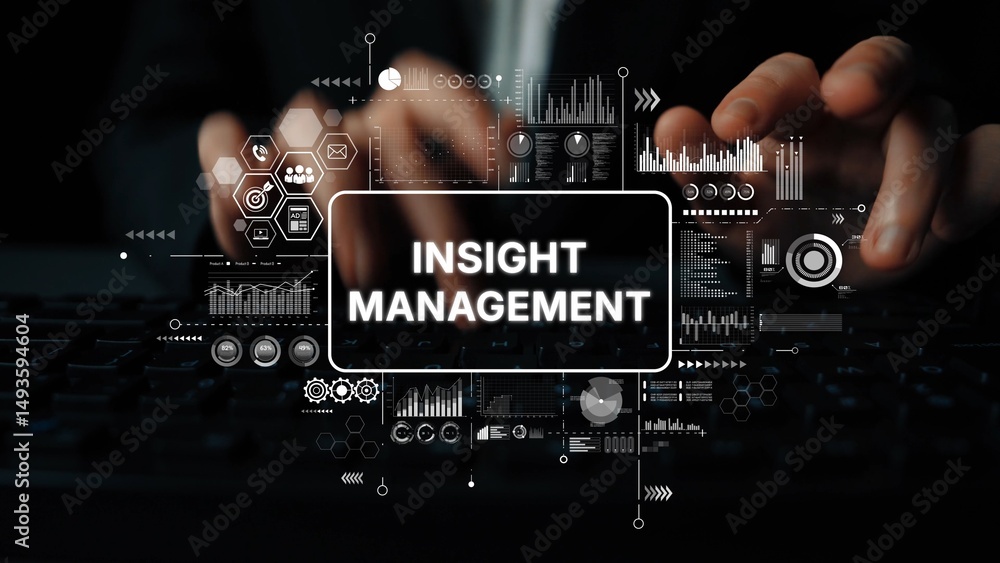 Poster Insight Management Concept with Data Analysis and Digital Technology Elements Displayed on Keyboard Background. Asymptotic smart data analytic.
