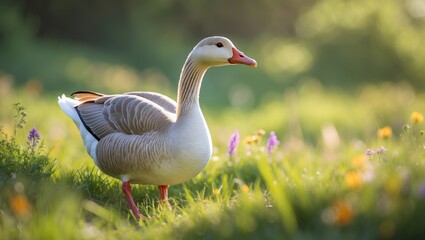 Domestic goose portrait set in the meadow.