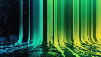 Overlay of glitch texture featuring static noise. Dark teal green and yellow color gradient vibrations on a rough black abstract backdrop.