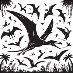 Black Color Pteranodon Silhouette Vector Illustration, Solid White Background. minimal vector design © blackworld