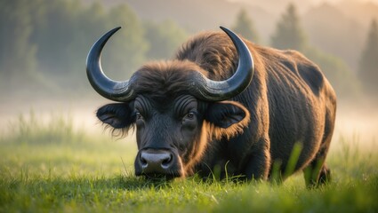 Naklejka premium Meadow scene with water buffalo consuming grass.