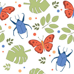 Seamless cartoon pattern with insects, butterflies, leaves on white background.  