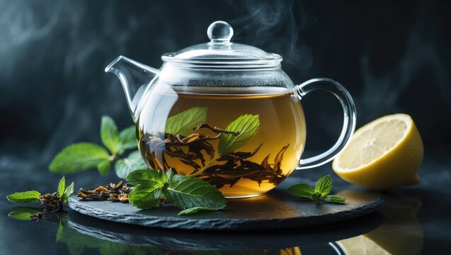 Mint Tea with Dried Lime and Herbs on a Slate Plate